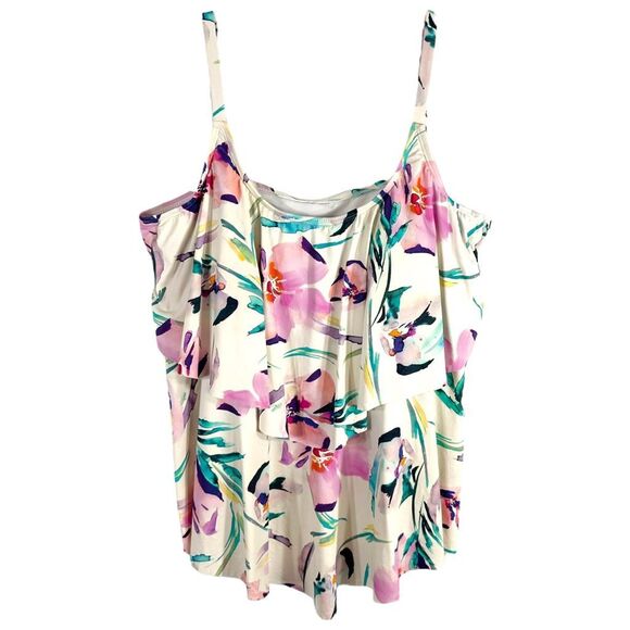 Liz Claiborne Plus Size 22W Swim Top Floral White Ruffle Built‎ in Bra 1285 - Picture 1 of 6